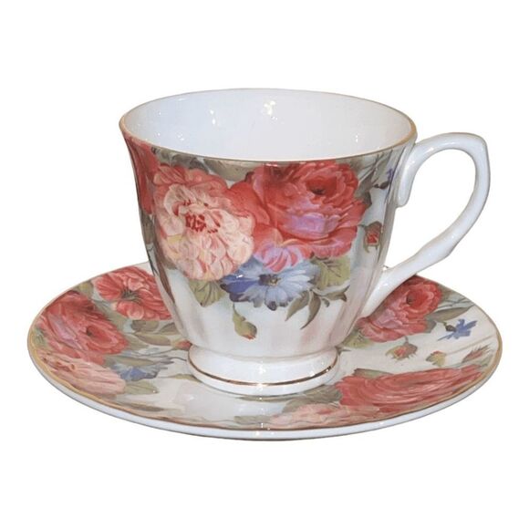 Cafe & Cup Set, Floral Tea Cup and Saucer, Hand Painted Ceramic - Picture 1 of 4